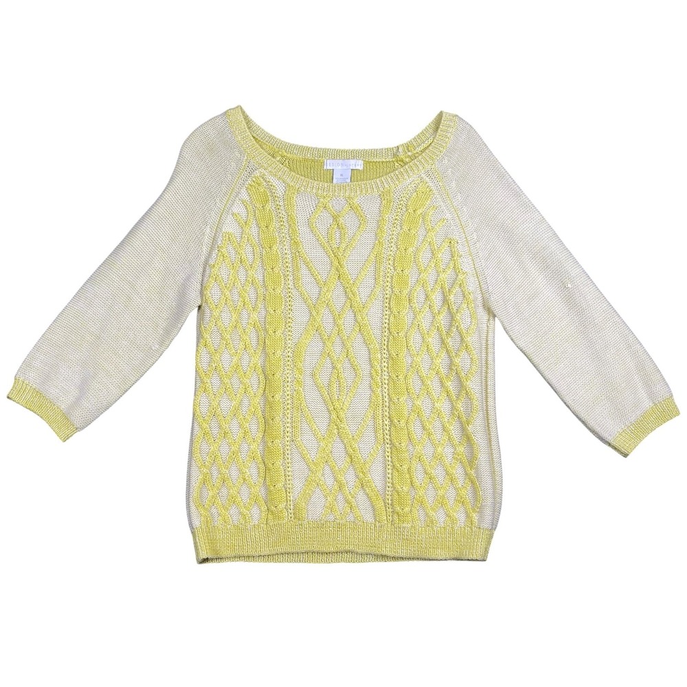 Design History Womens XL Yellow Cream Cable Knit Wool Blend 3/4 Sleeve‎ Sweater